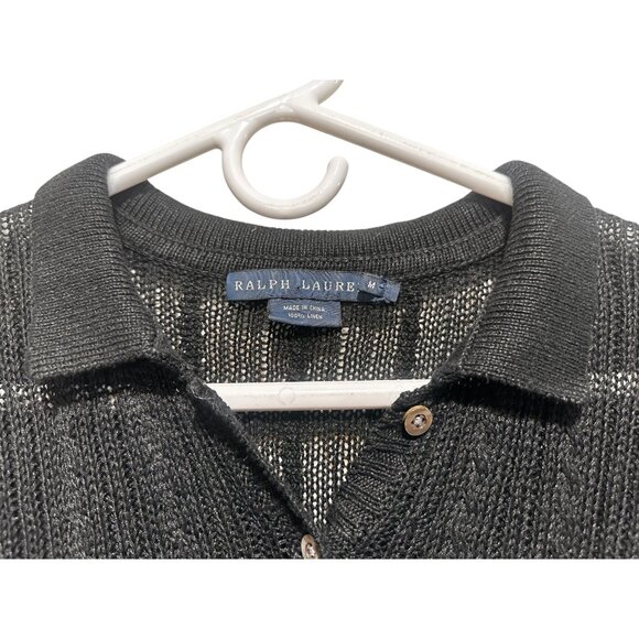 Vintage Ralph Lauren Blue Label Linen Cable Knit Polo Shirt M Black Collar Prepp - Picture 10 of 11